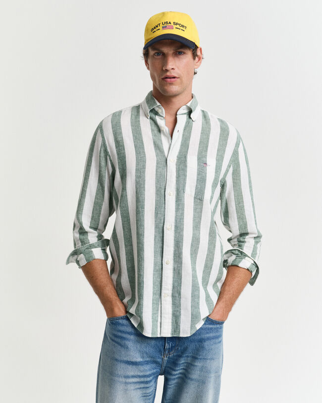 Camisa em linho e algod&atilde;o &agrave;s riscas arrojadas regular fit