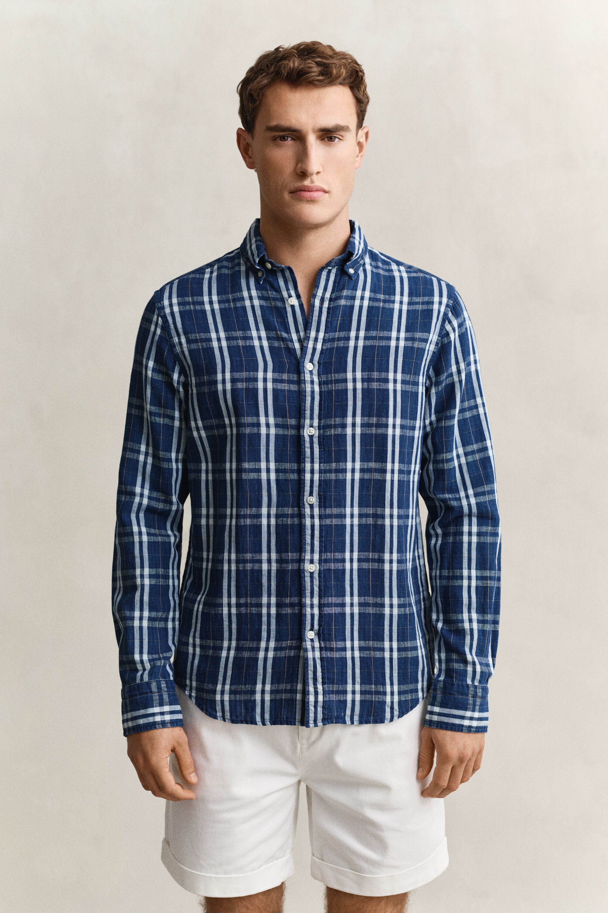 Camisa em linho e algodão com padrão de xadrez