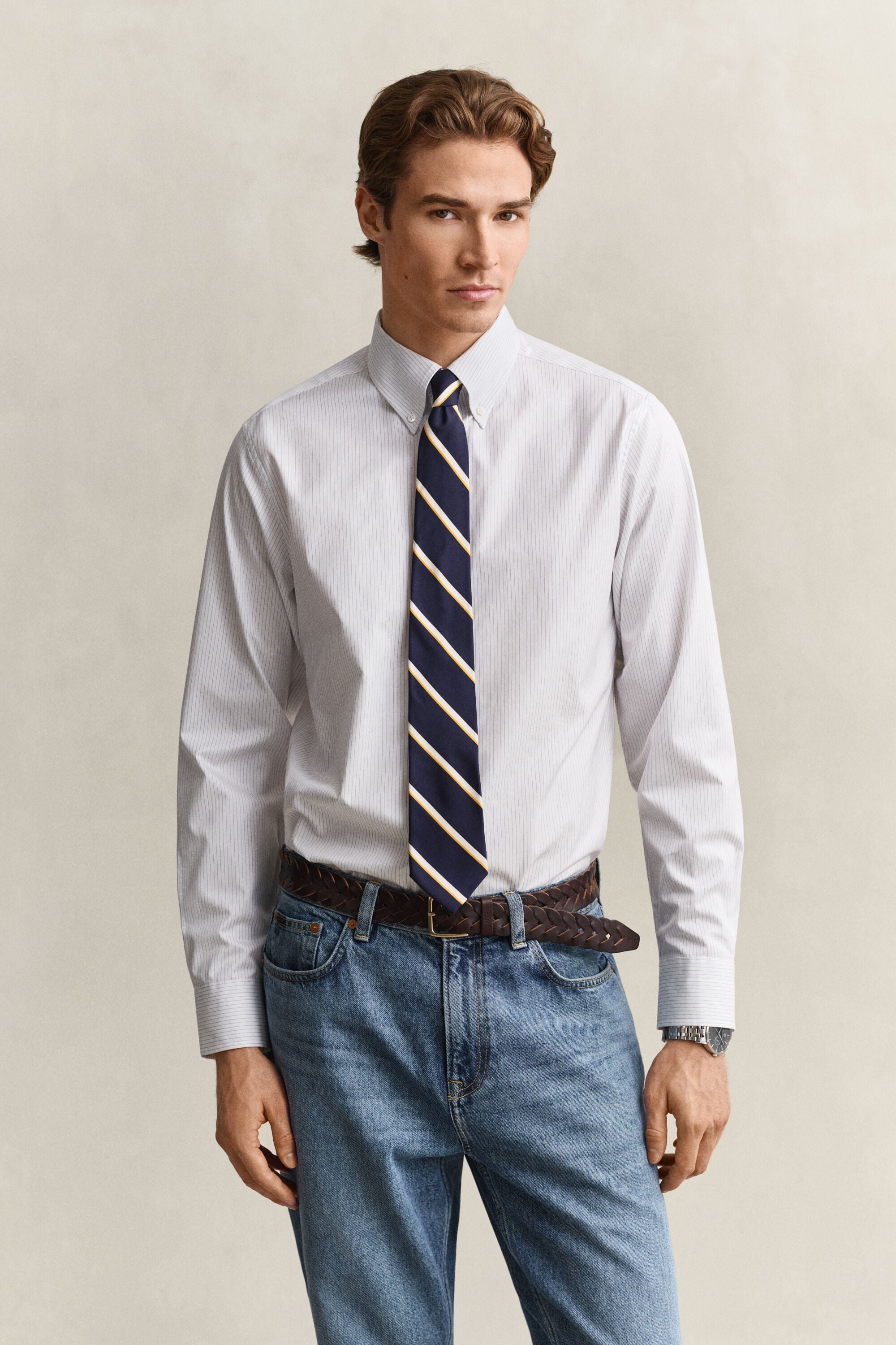 Vestido-camisa em sarja às riscas