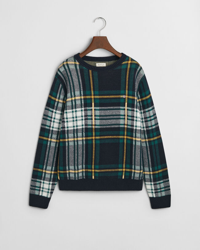 Camisola de malha com decote redondo e padr&atilde;o de xadrez Teens