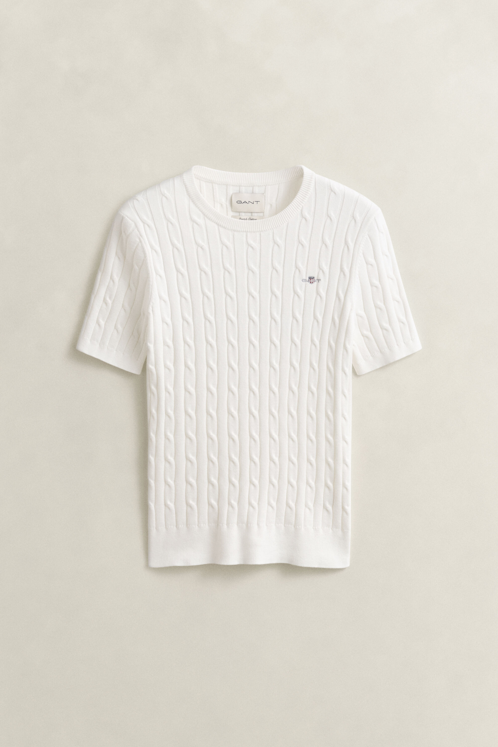 Camisola de malha entrançada em algodão com elastano de manga curta