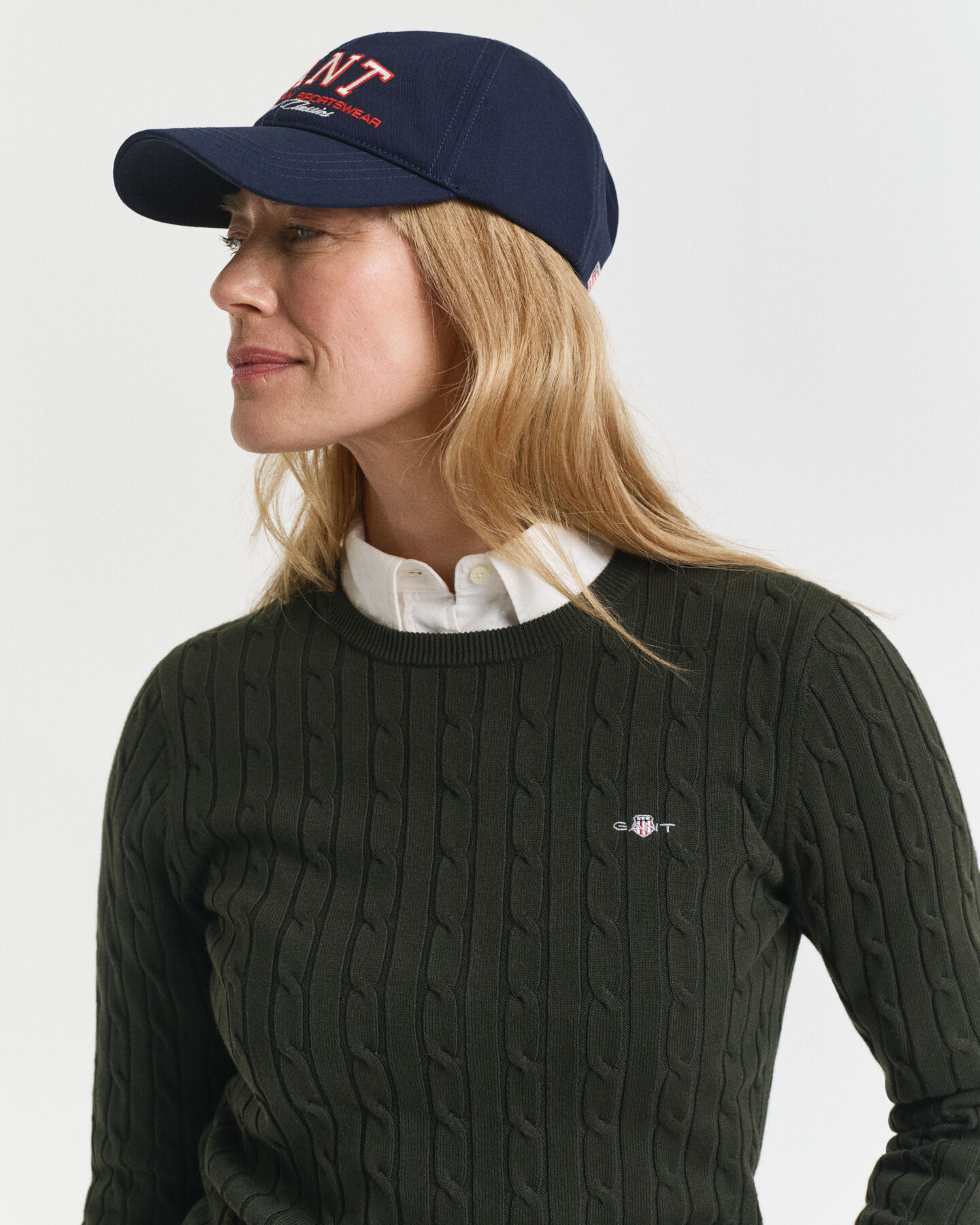 Camisola de malha entrançada com decote redondo em algodão com elastano