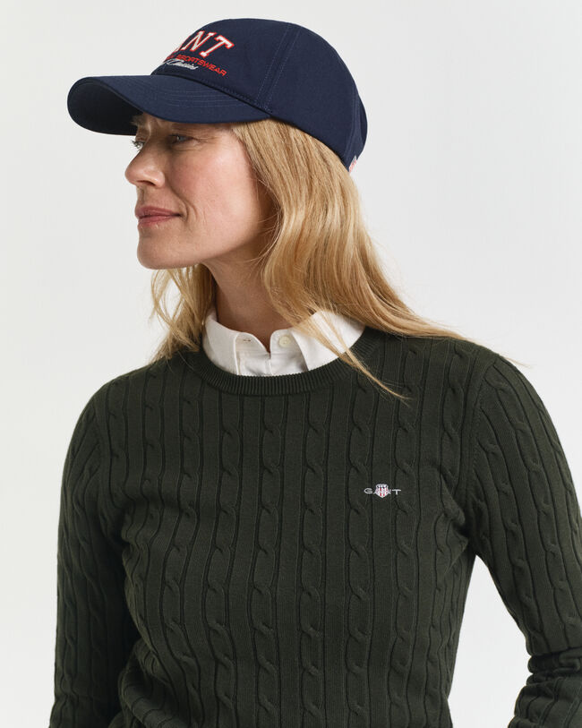 Camisola de malha entrançada com decote redondo em algodão com elastano