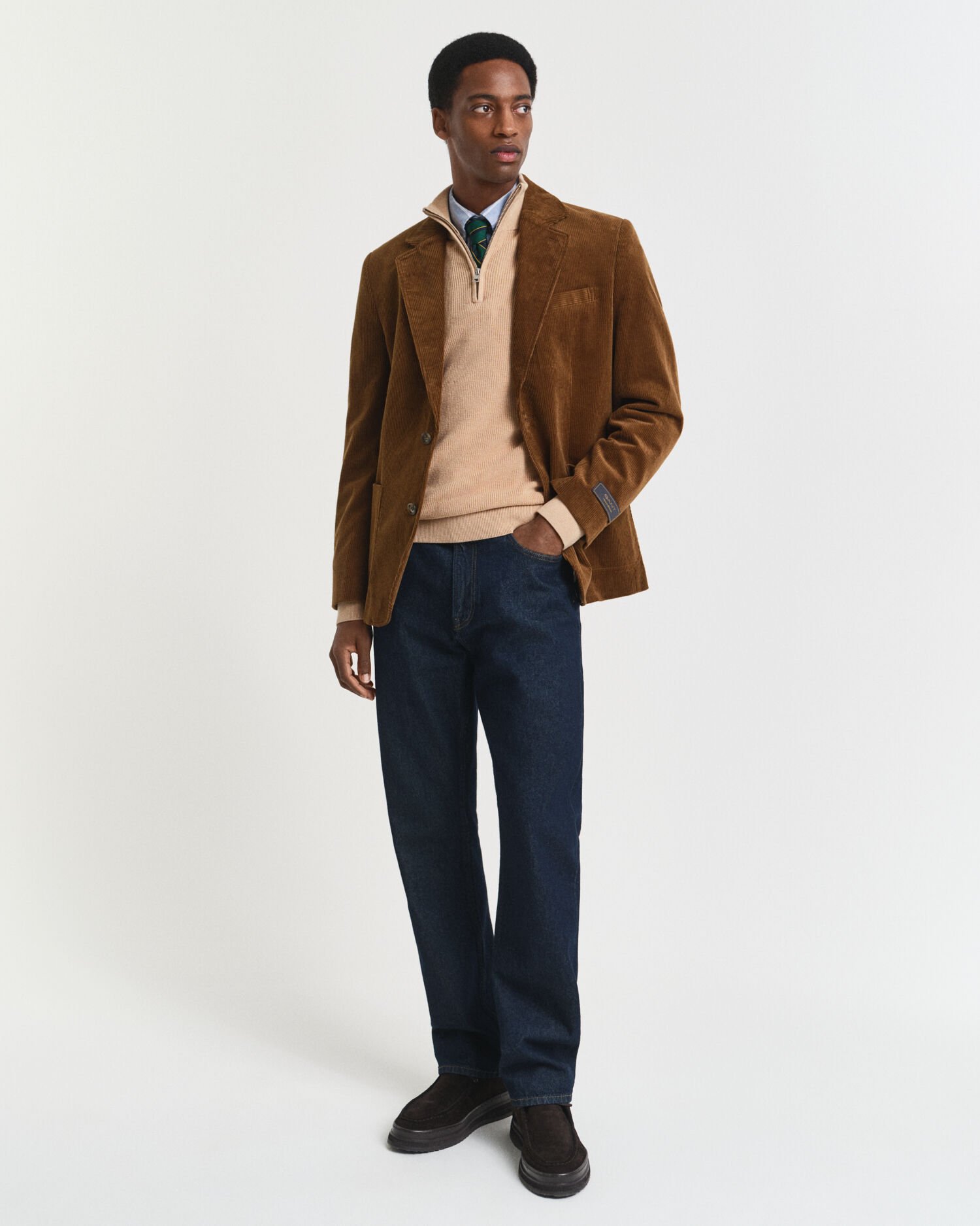 Camisola de malha canelada em lã de merino e algodão com meio fecho de correr