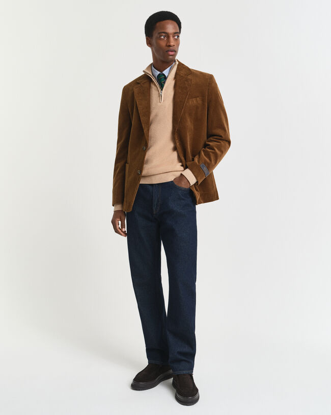 Camisola de malha canelada em lã de merino e algodão com meio fecho de correr