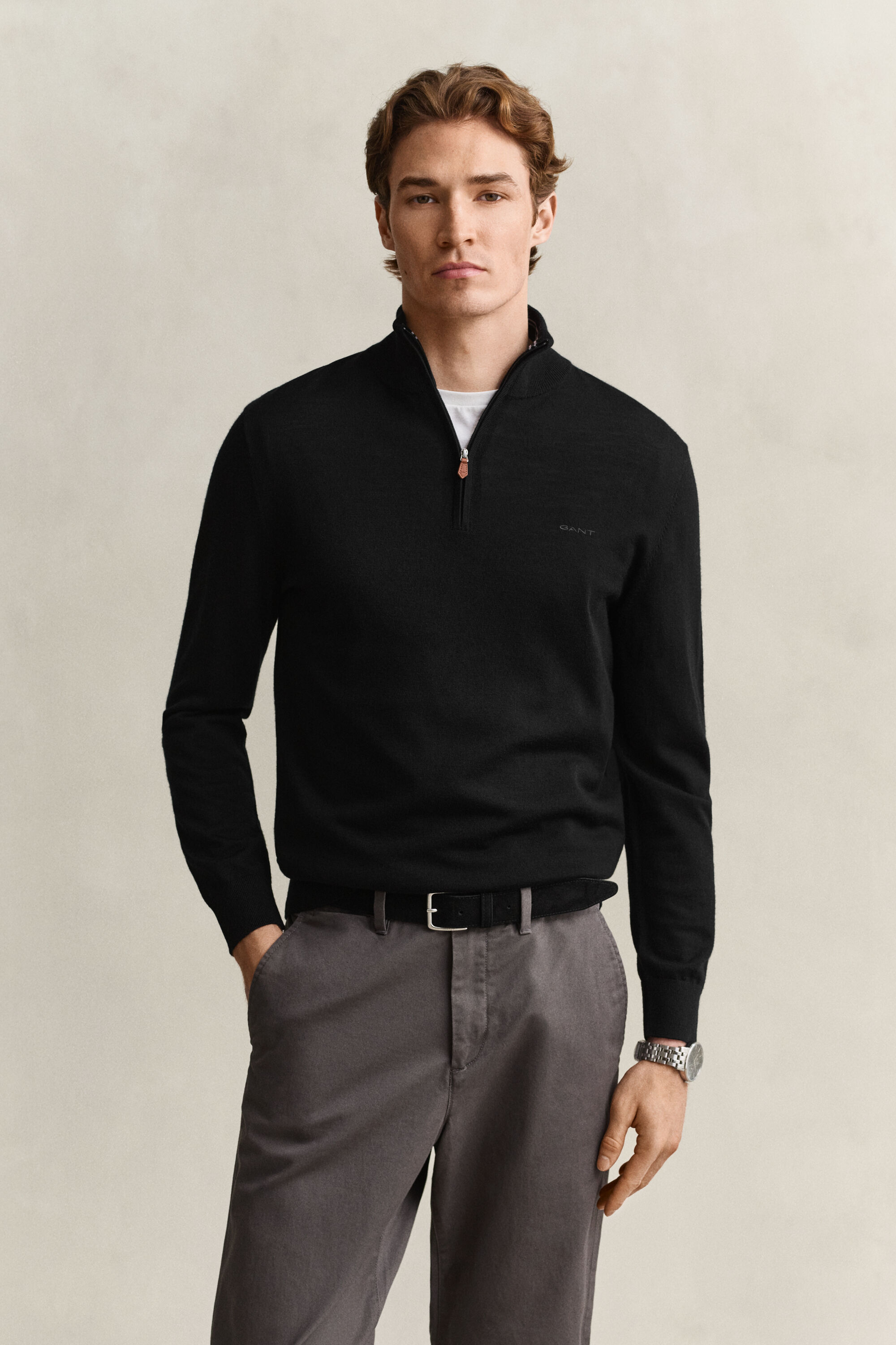 Camisola de malha com meio fecho de correr em lã de merino
