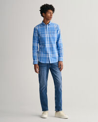 Camisa de linho e algodão com padrão de xadrez regular fit