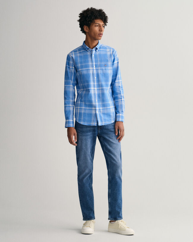 Camisa de linho e algodão com padrão de xadrez regular fit