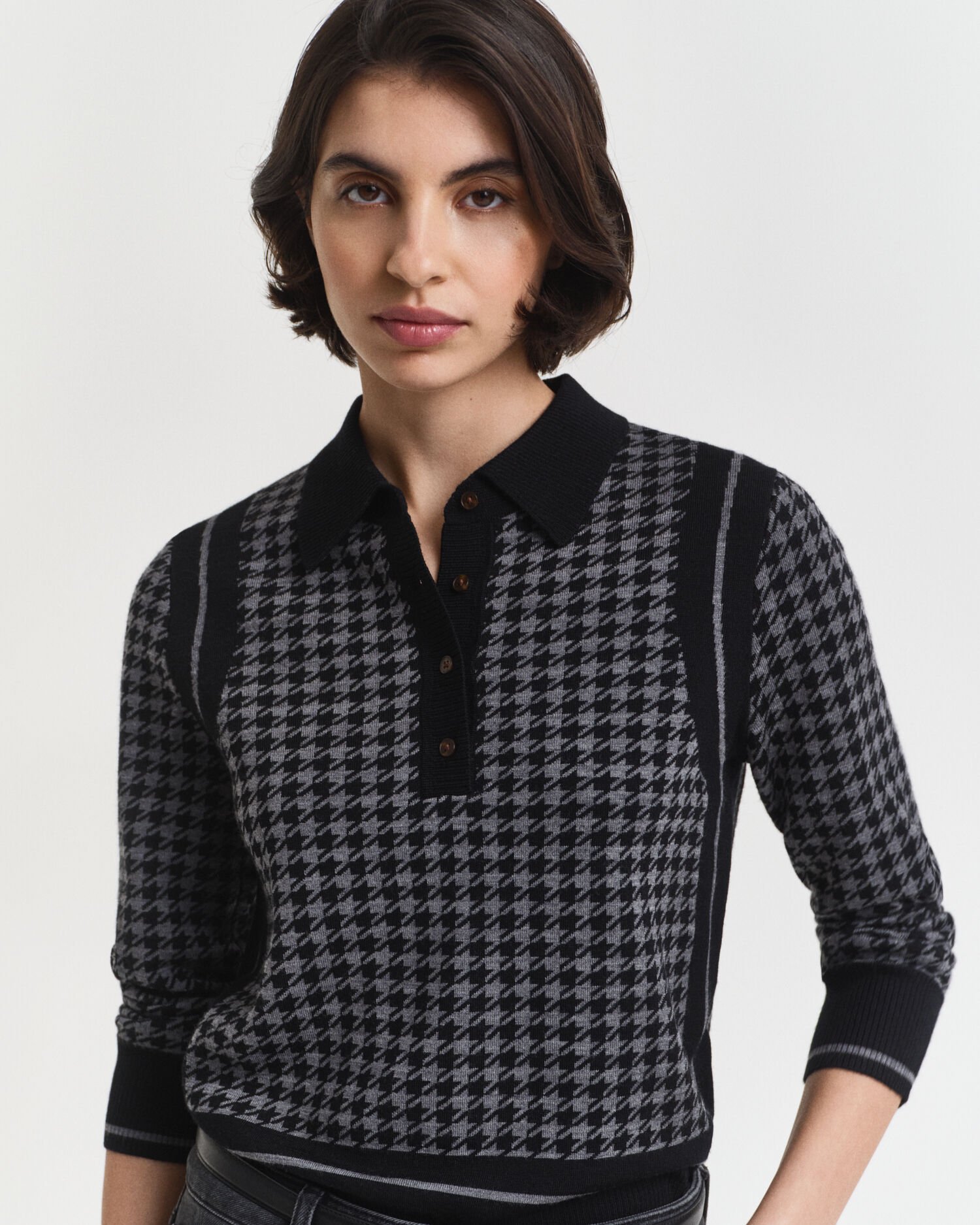 Camisola de malha estilo polo com padrão Jacquard Houndstooth
