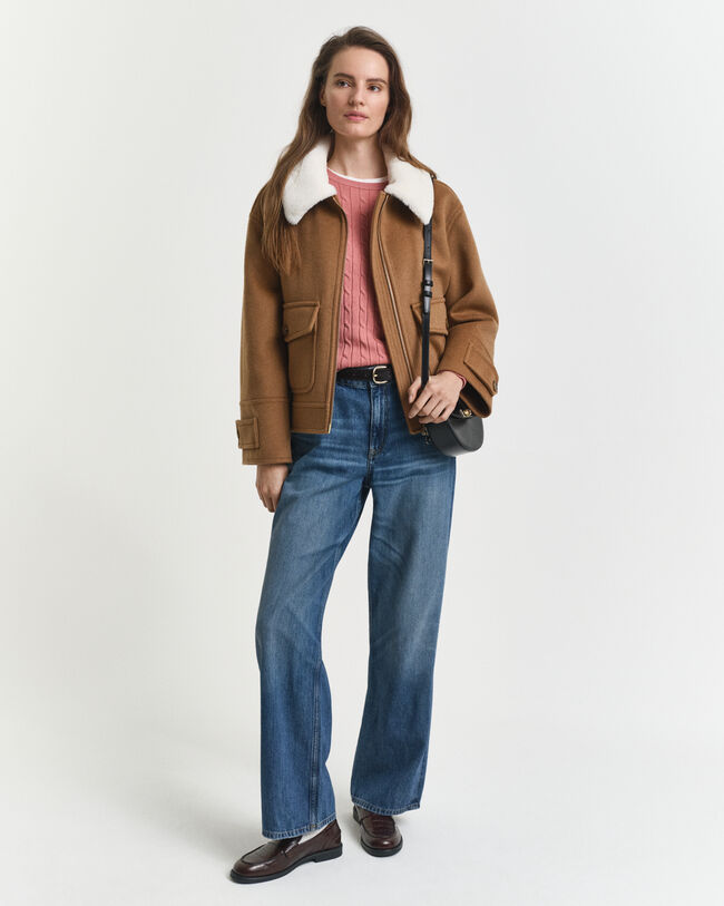 Camisola de malha entrançada com decote redondo em algodão com elastano