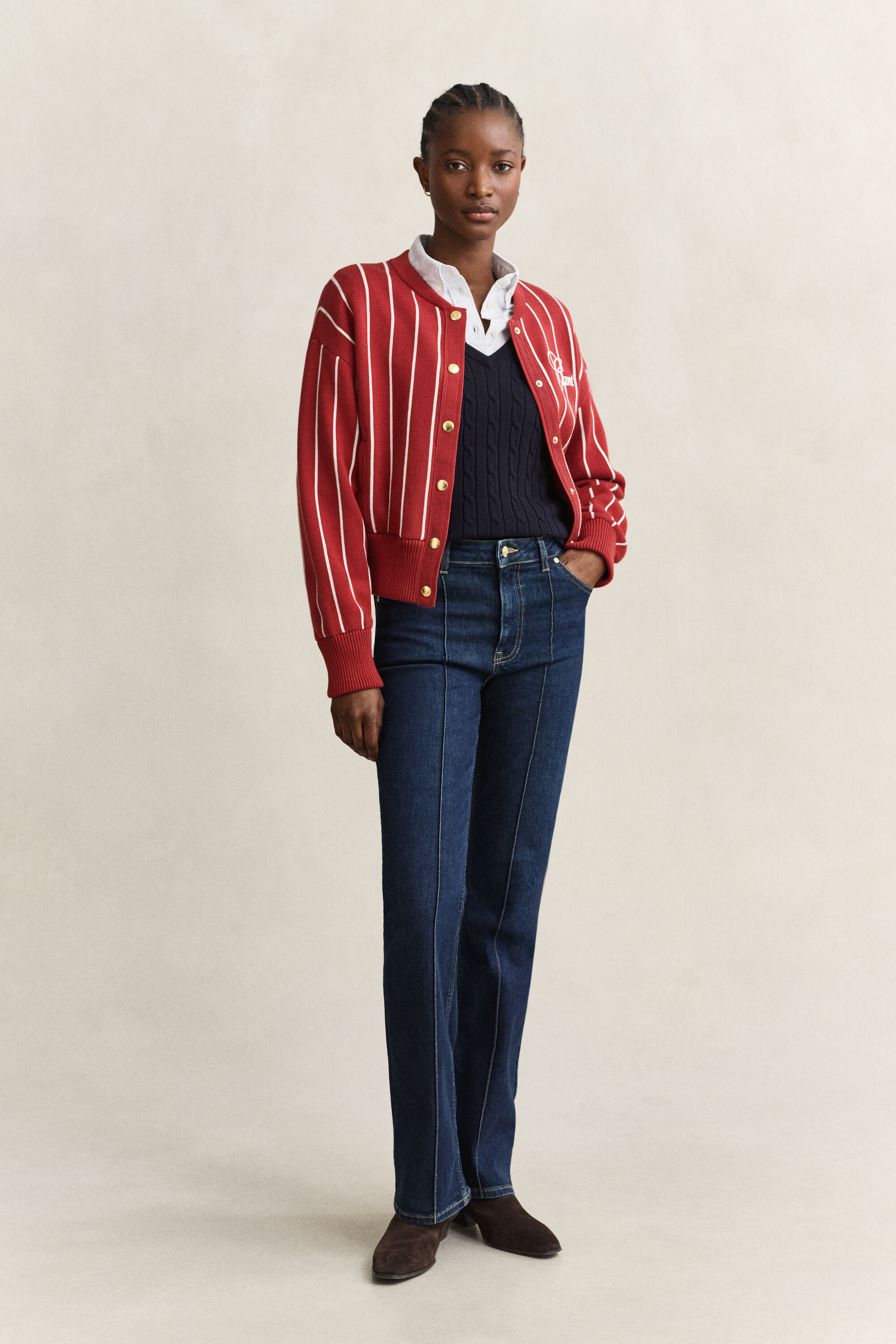 Camisola de malha entrançada com decote em V em algodão com elastano