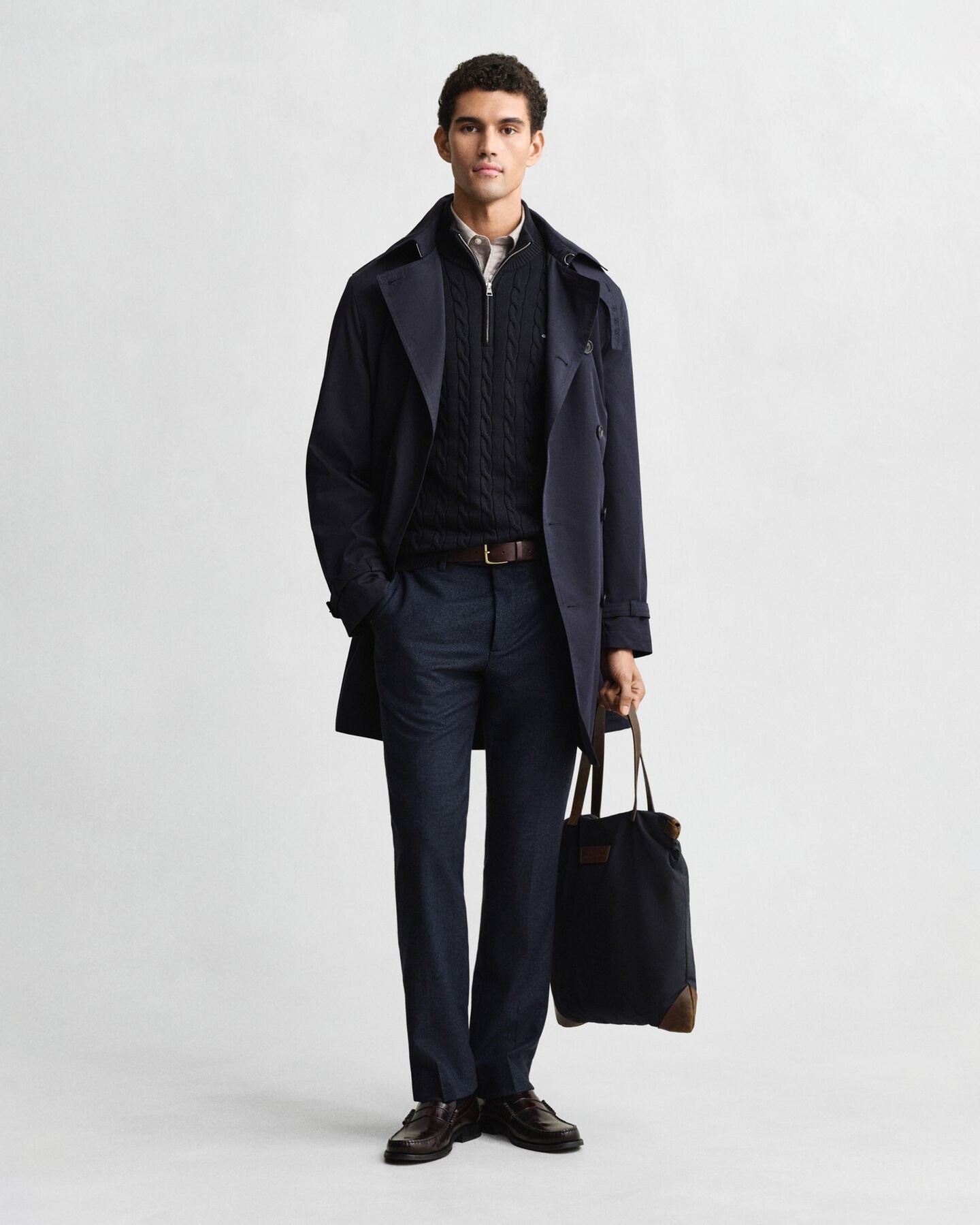 Camisola de malha entrançada de algodão com meio fecho de correr