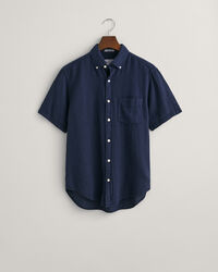 Camisa de manga curta em linho e algodão texturizado regular fit