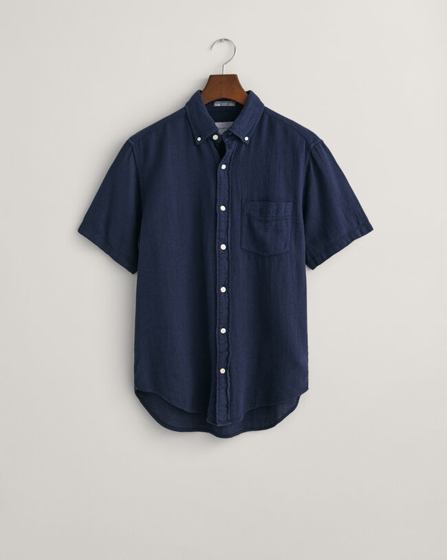 Camisa de manga curta em linho e algodão texturizado regular fit