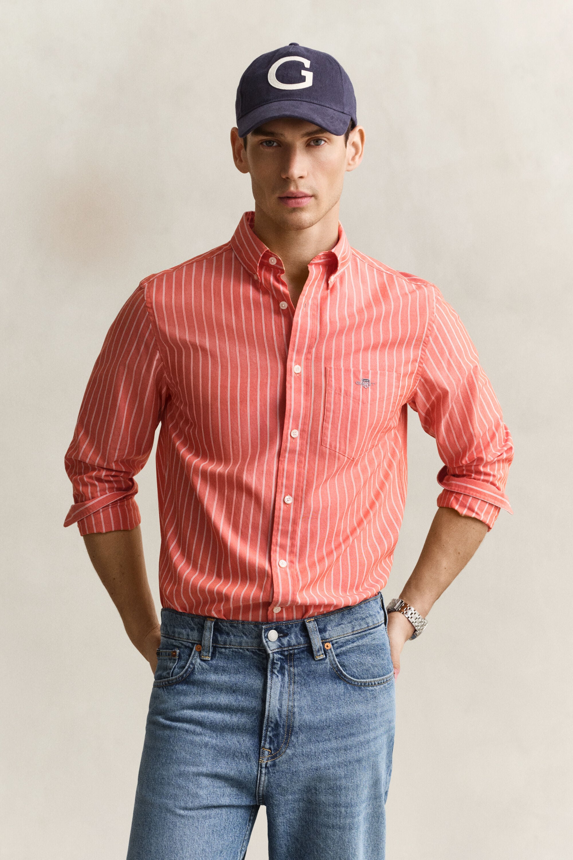 Camisa em popelina às riscas Classic