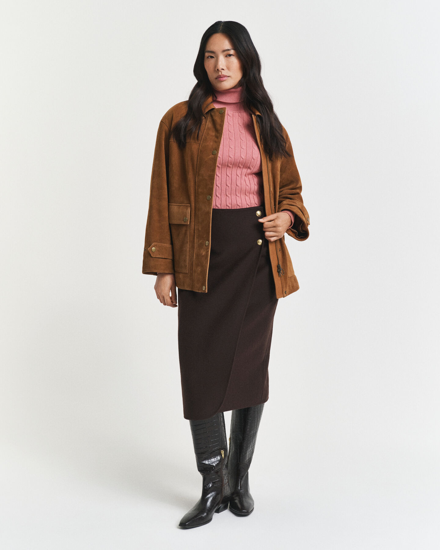 Camisola de gola alta em malha entrançada de algodão com elastano