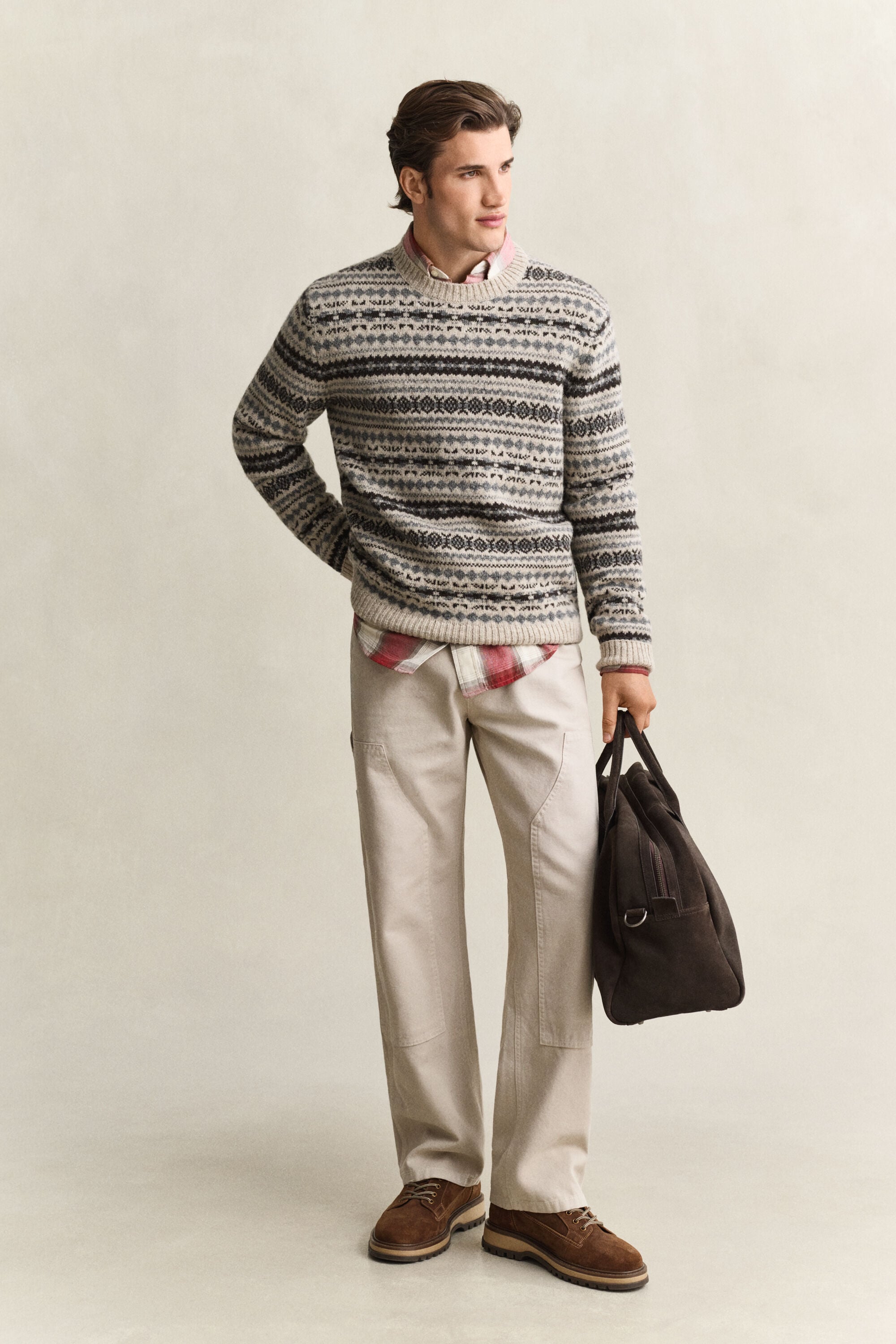 Camisola de malha em lã escovada com padrão Jacquard