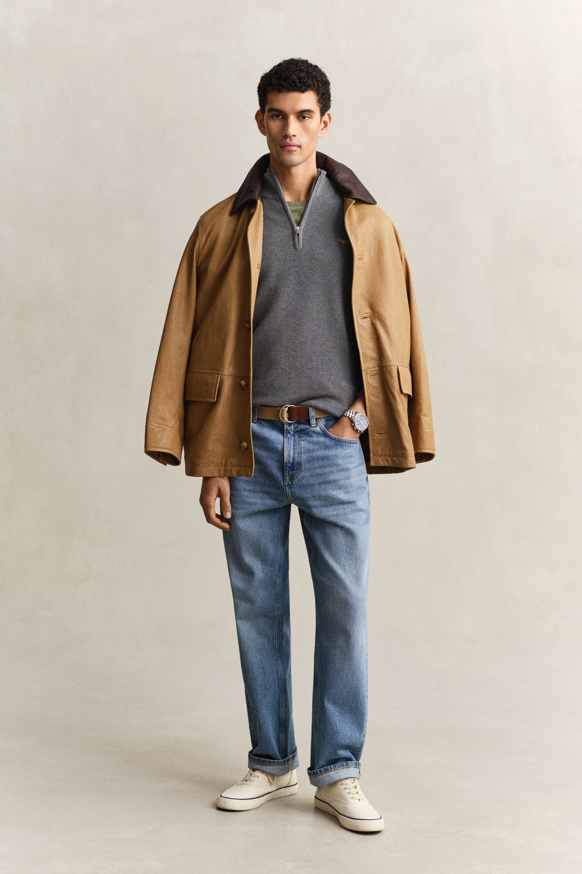 Camisola de malha com meio fecho em algodão texturizado