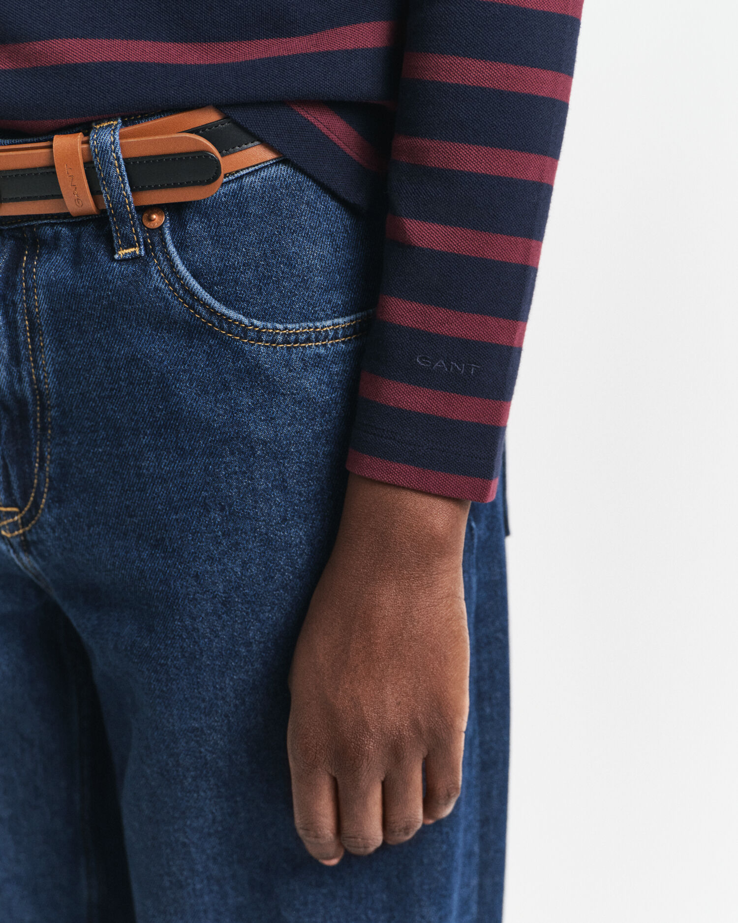 Polo de manga comprida em algodão piqué com riscas de marinheiro