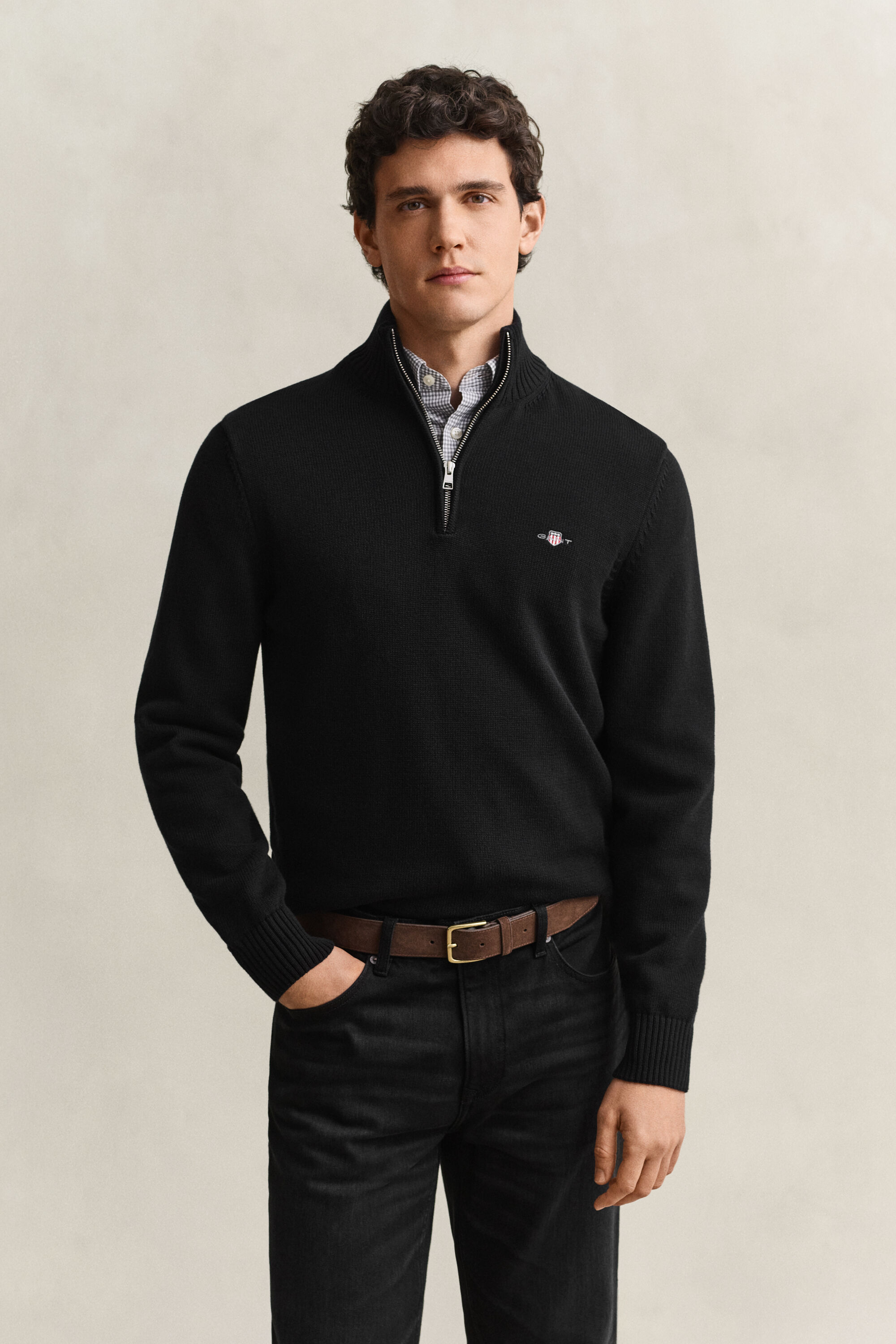 Camisola de malha em algodão com meio fecho Casual