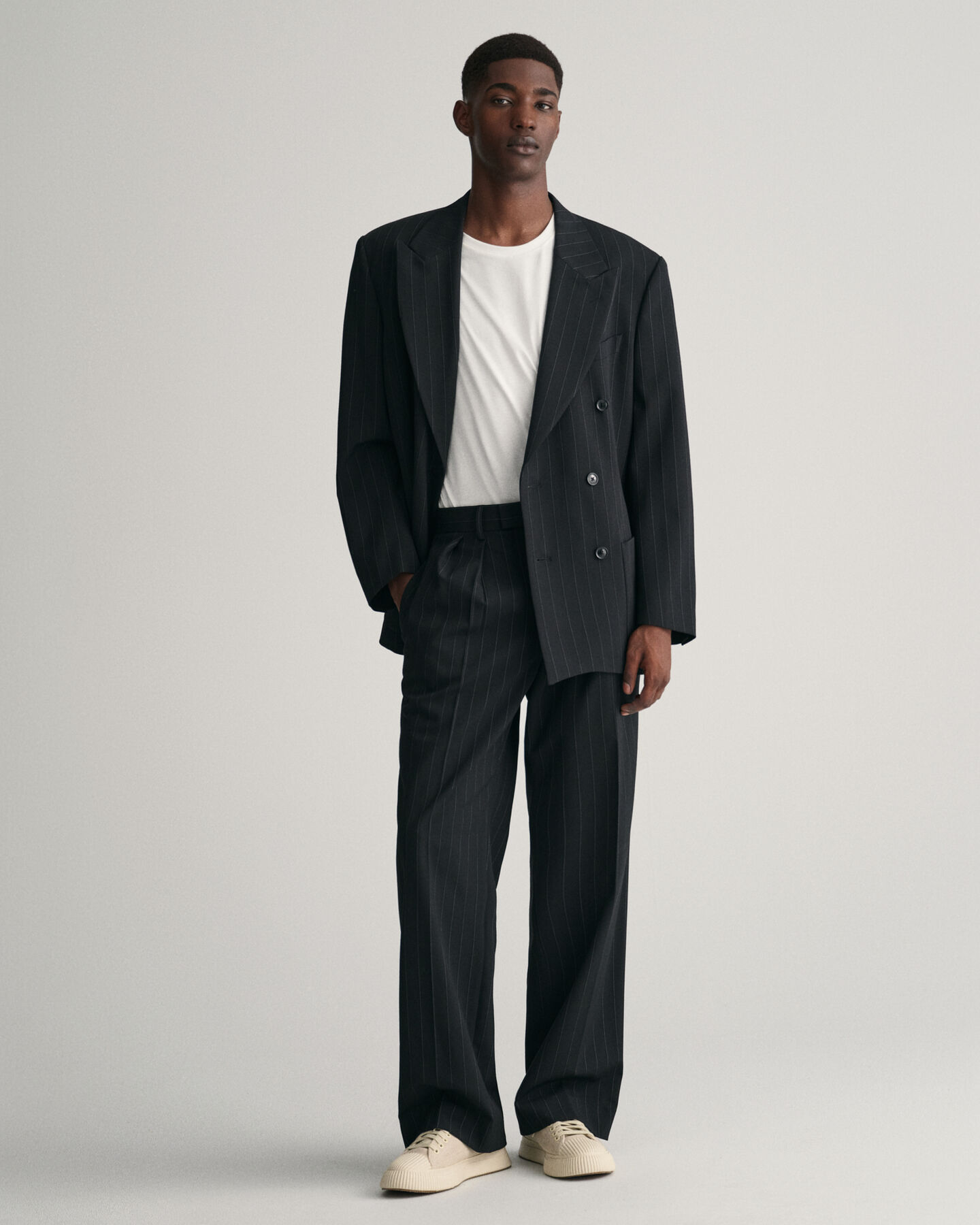 Calças de fato com padrão Pinstripe e pregas