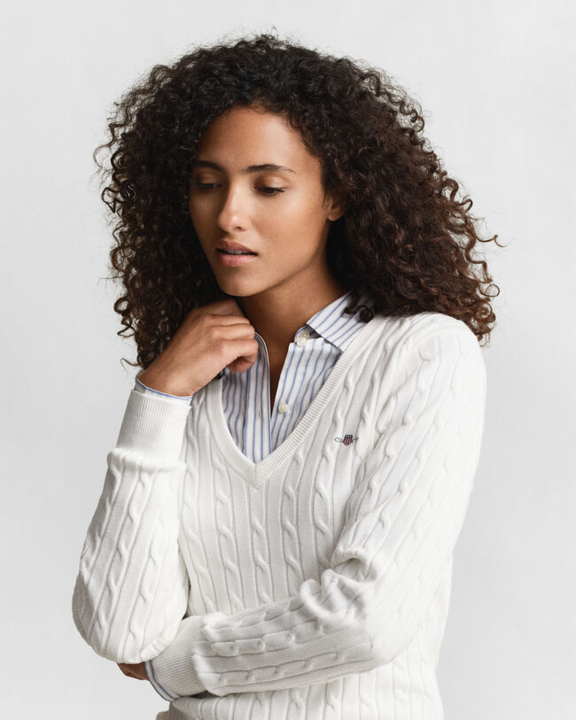 Camisola de malha entrançada com decote em V em algodão com elastano