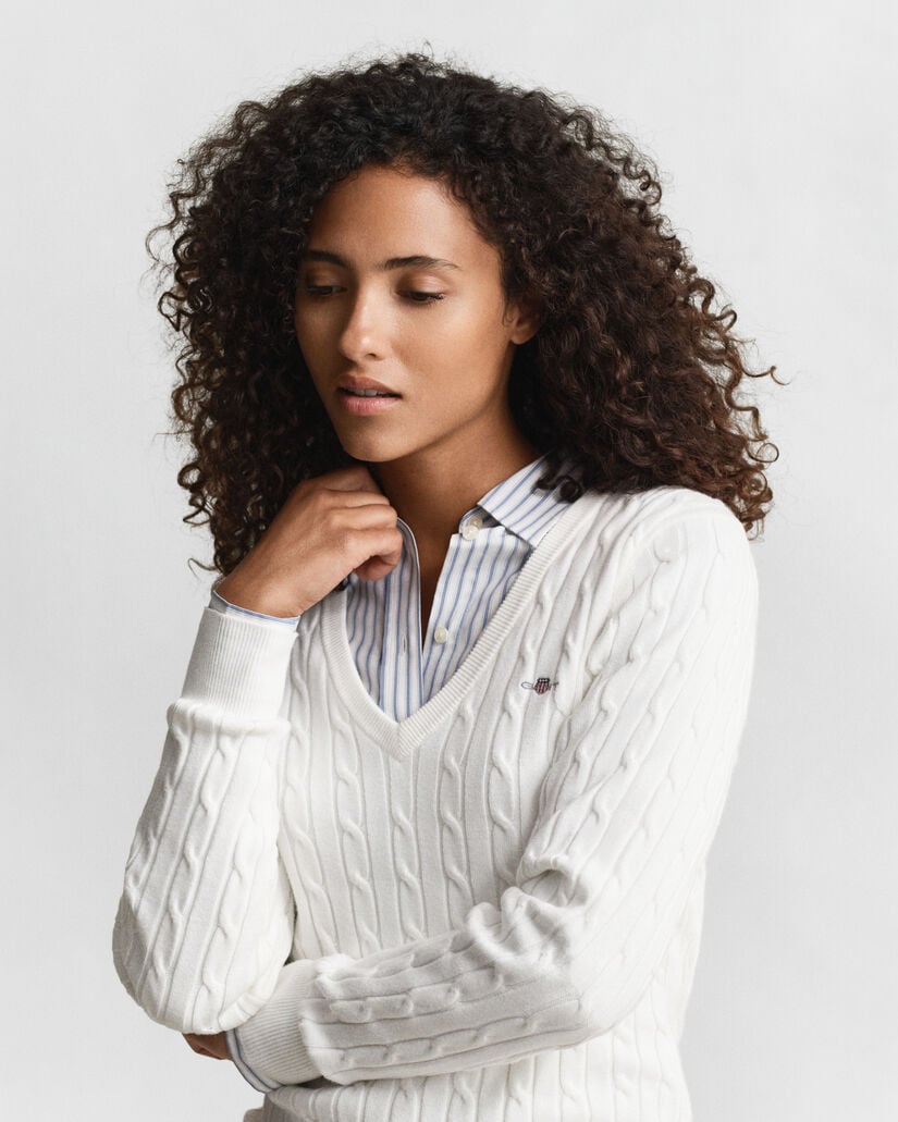 Camisola de malha entrançada com decote em V em algodão com elastano