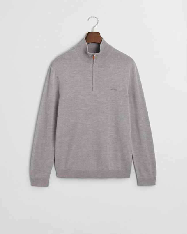 Camisola de malha com meio fecho de correr em l&atilde; de merino extrafina