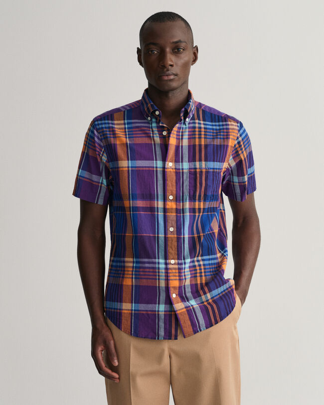 Camisa de linho colorida com manga curta Madras regular fit