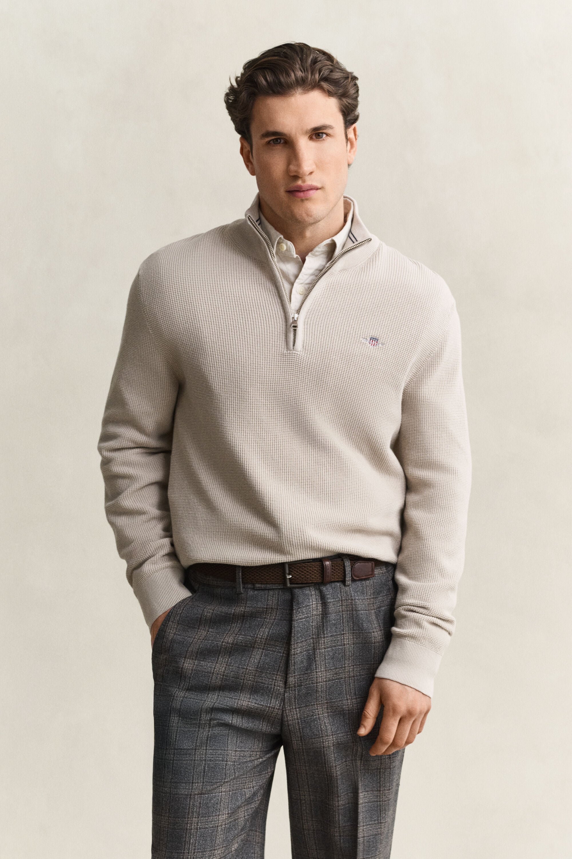 Camisola de malha com meio fecho em algodão texturizado