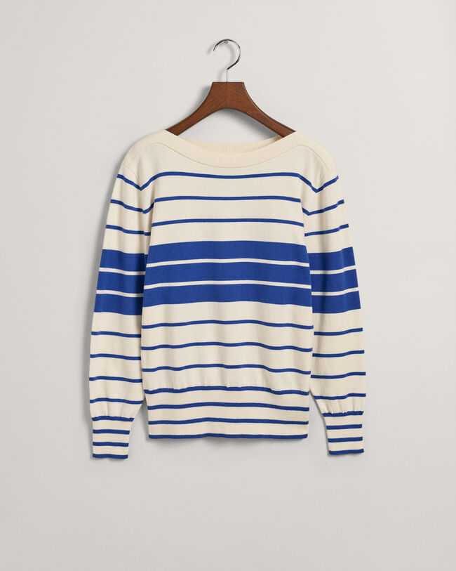 Camisola de malha com decote de barco às riscas em bloco