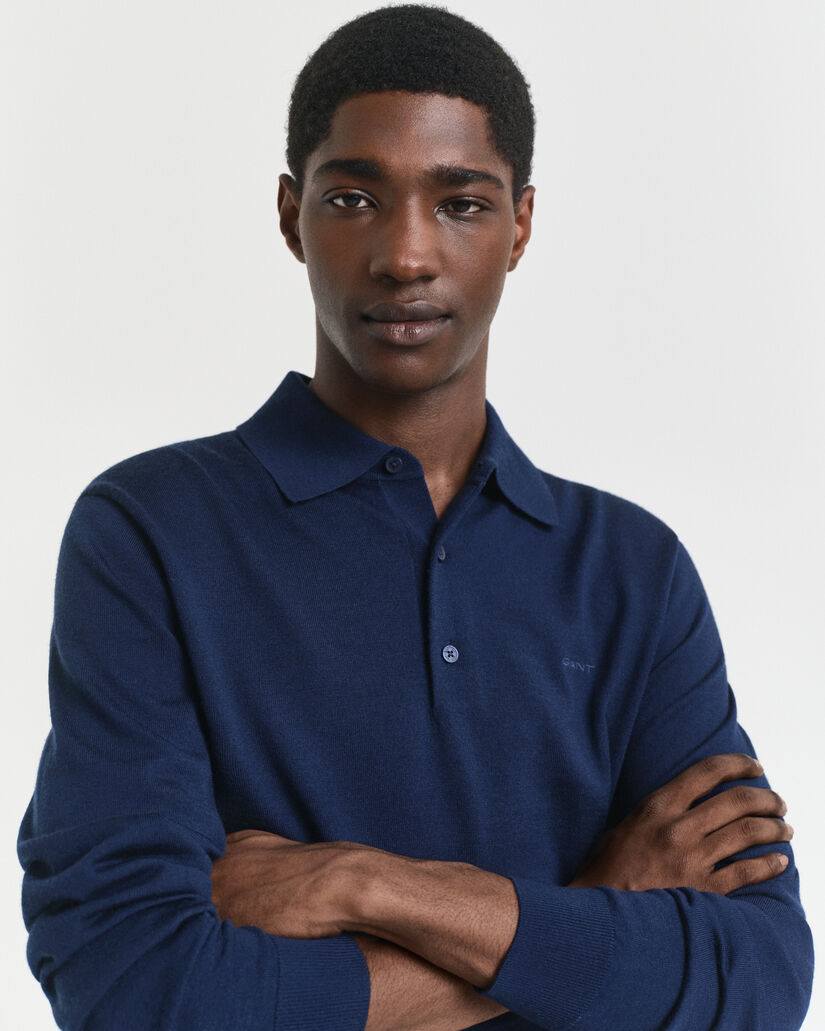 Camisola de malha estilo polo em l&atilde; de merino extrafina