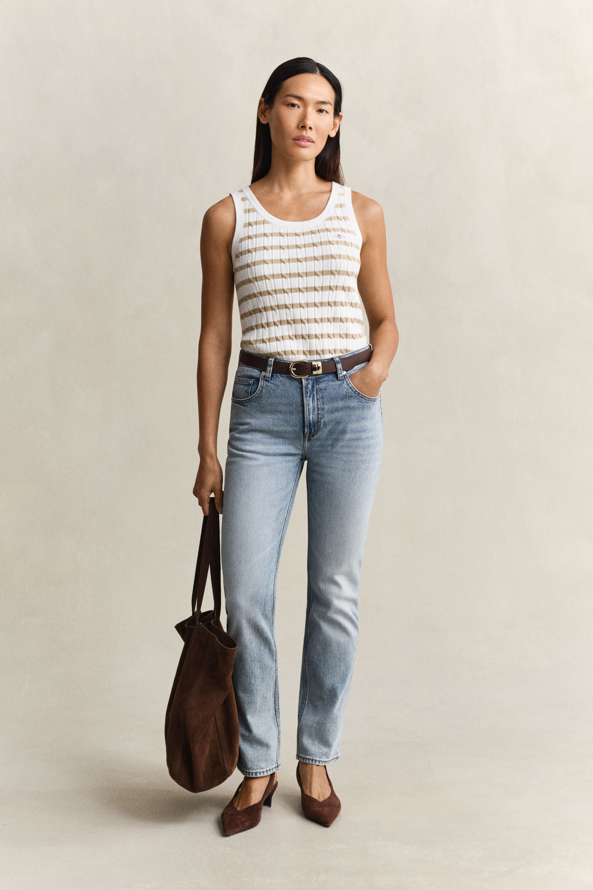 Camisola sem mangas em malha entrançada às riscas