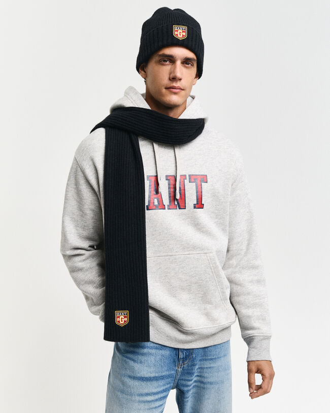 Conjunto de oferta com gorro e cachecol em lã com emblema