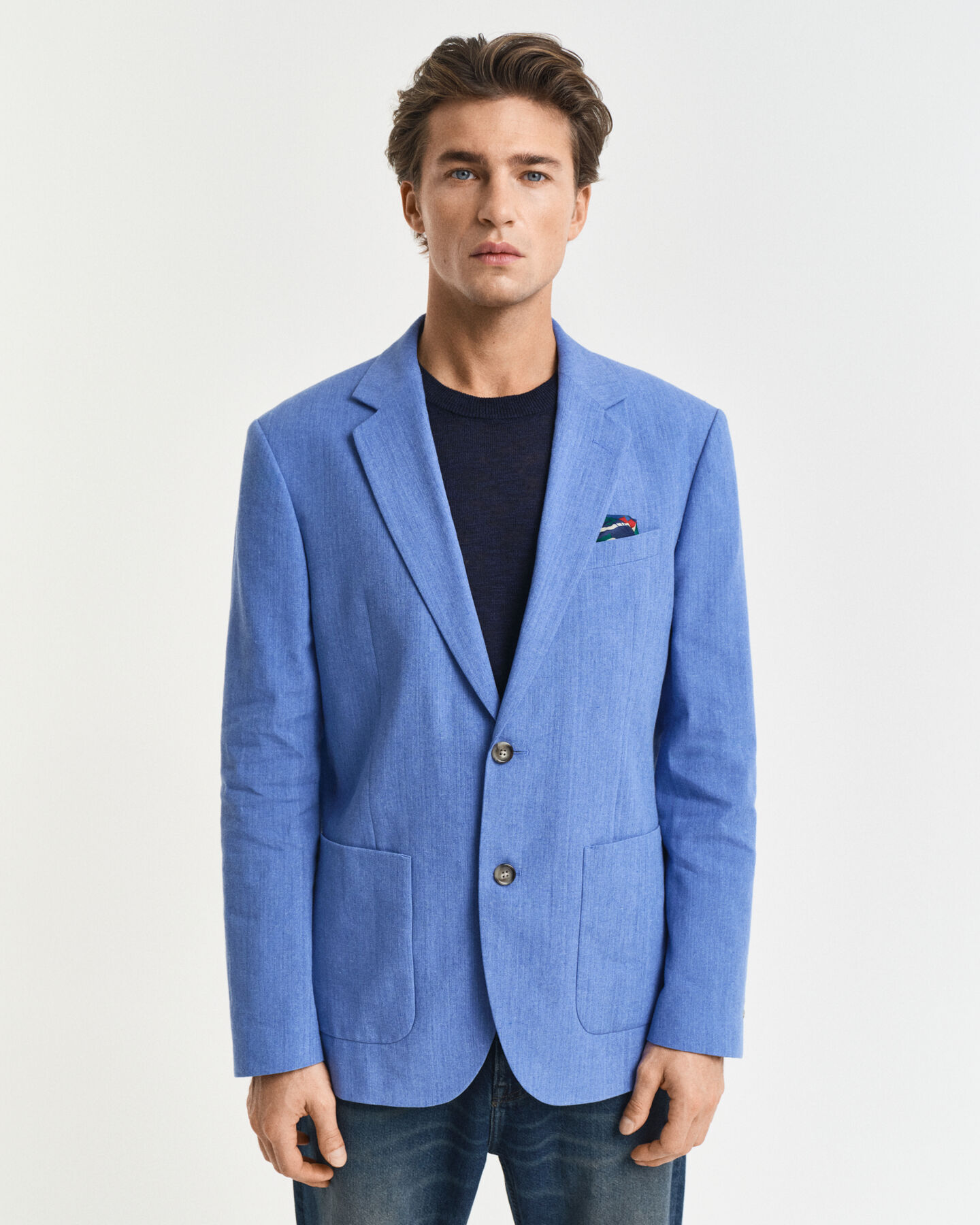 Casaco de fato em linho e algod&atilde;o slim fit