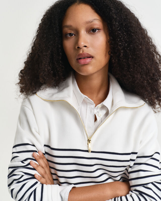 Sweatshirt canelada com meio fecho de correr às riscas de marinheiro