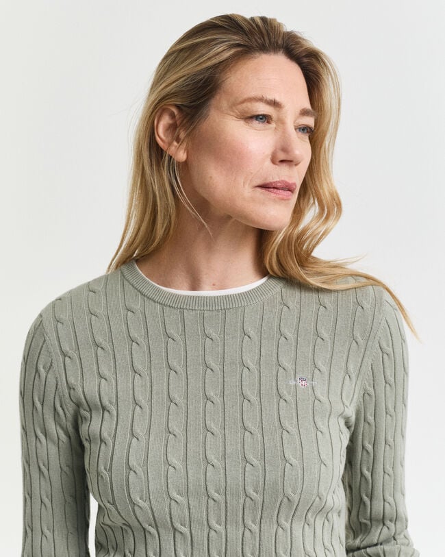 Camisola de malha entrançada com decote redondo em algodão com elastano