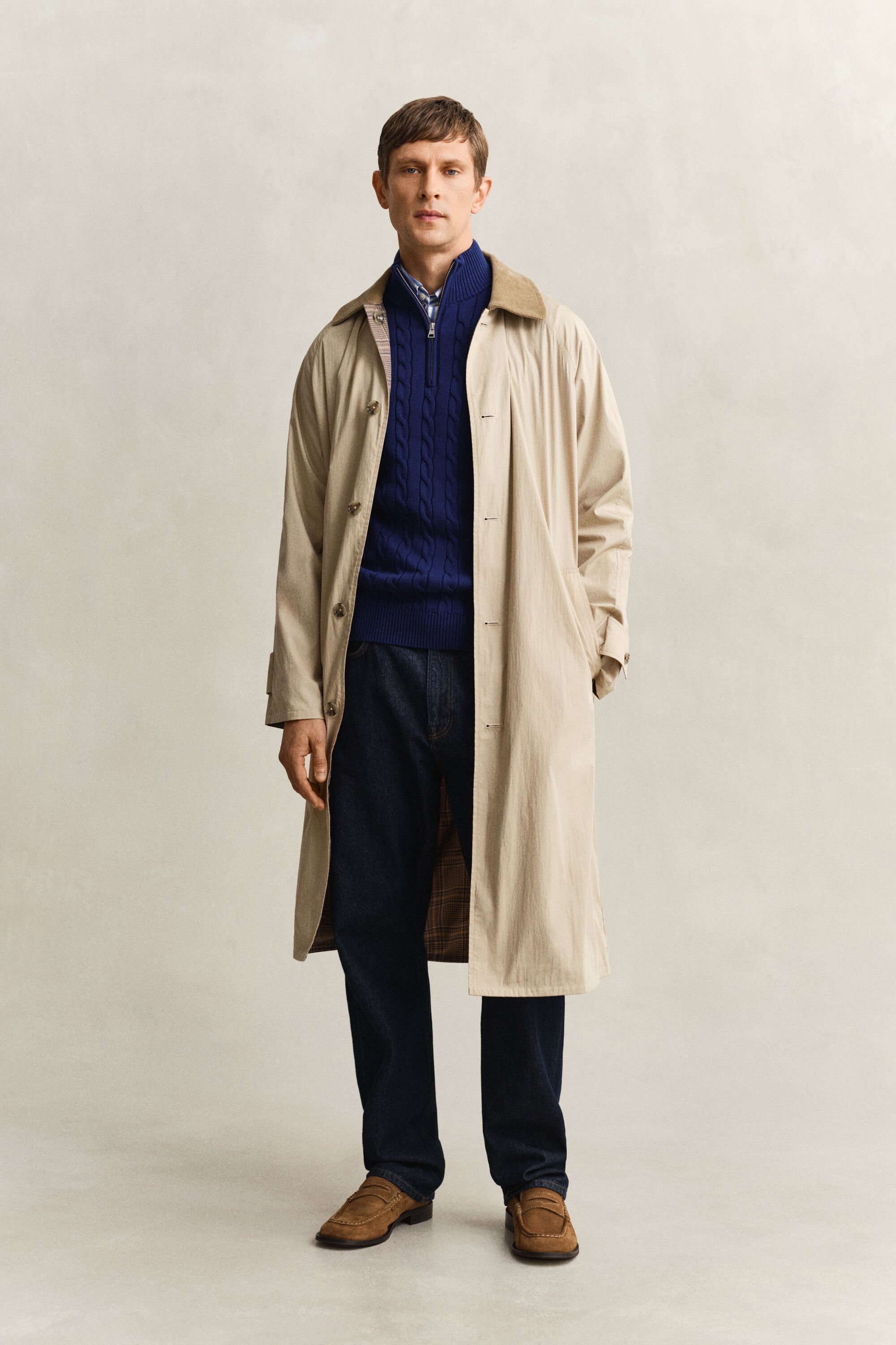 Camisola de malha entrançada de algodão com meio fecho de correr