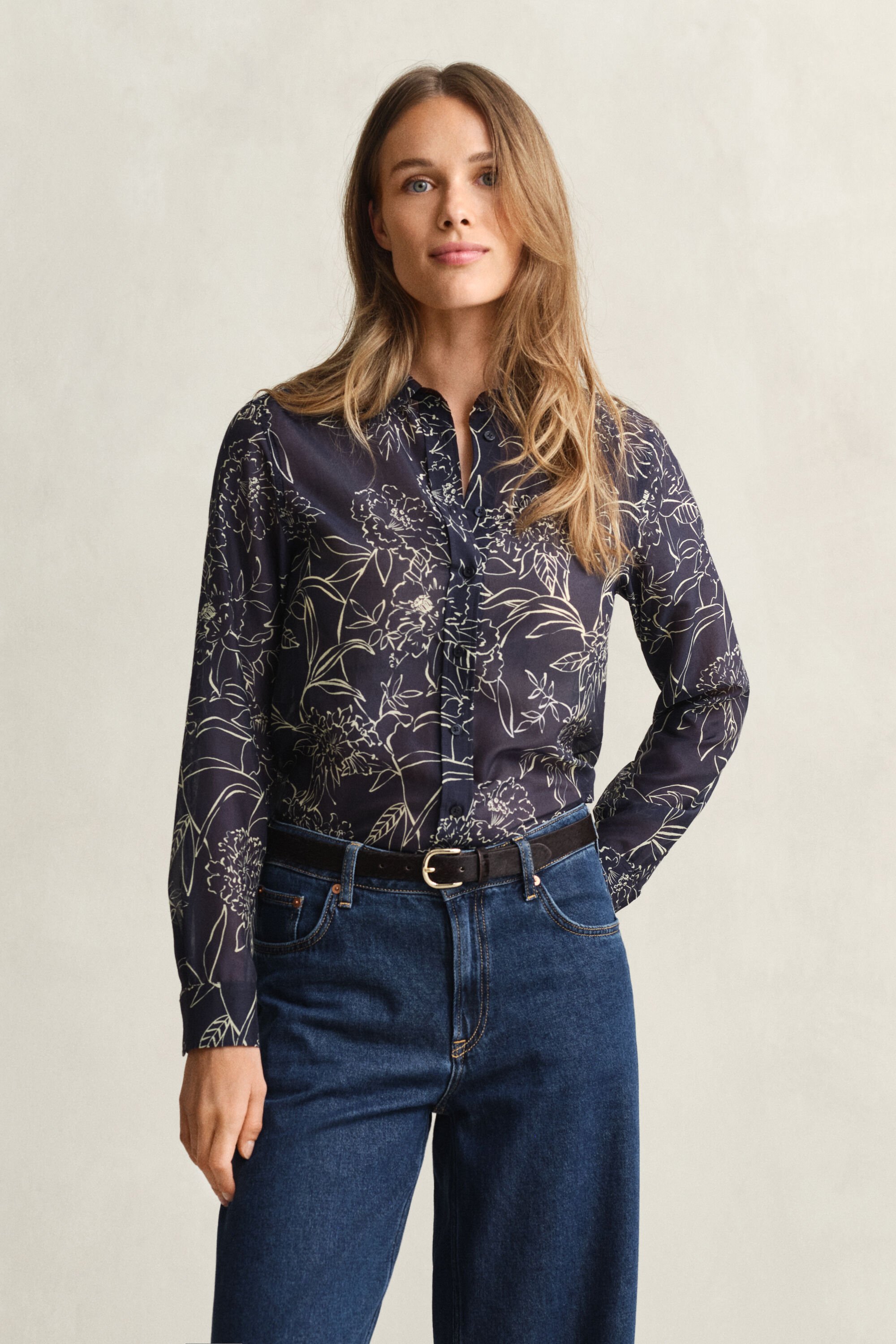 Camisa em seda e algodão com estampado Floral corte normal