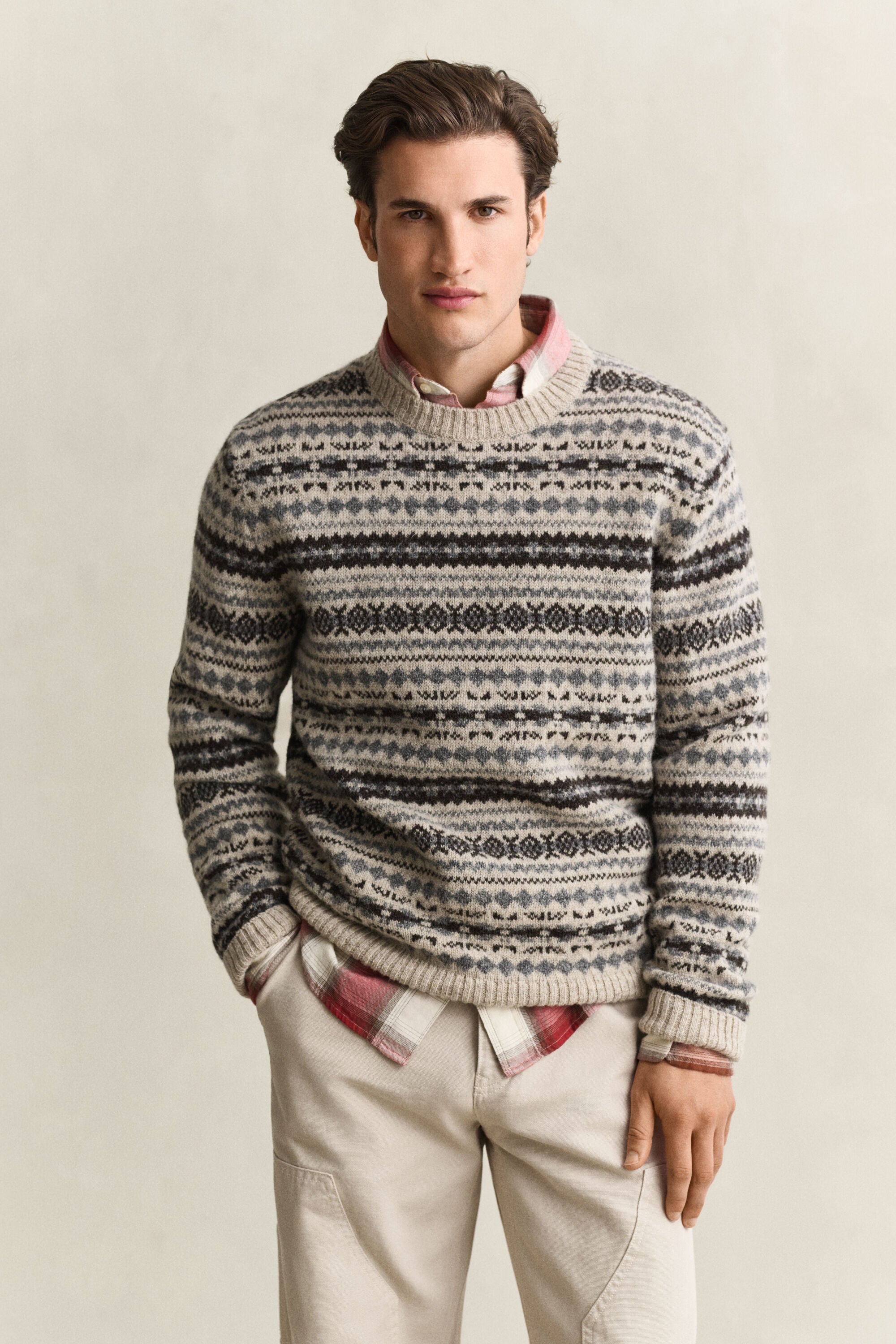 Camisola de malha em lã escovada com padrão Jacquard