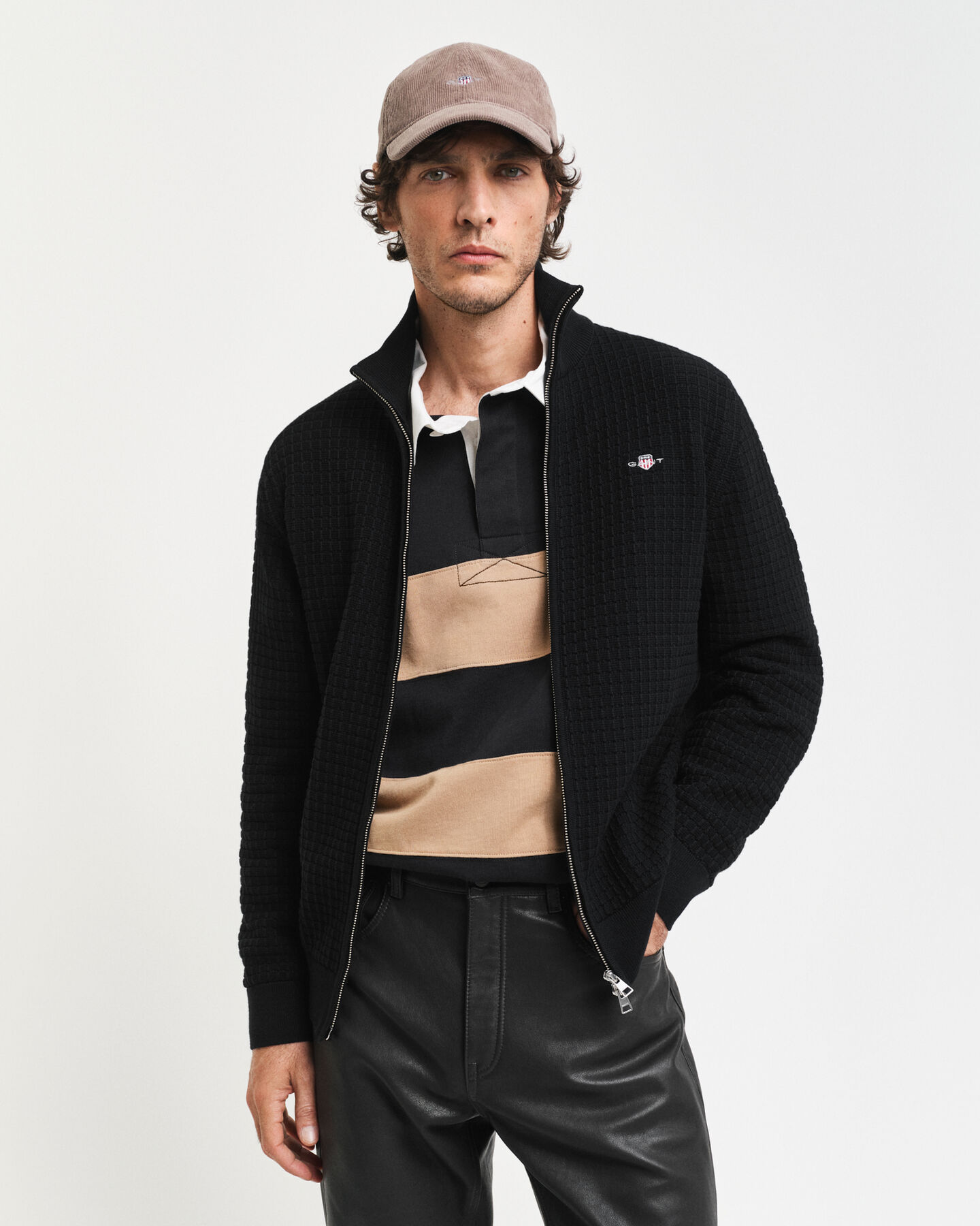 Casaco de malha com fecho de correr em algodão texturizado