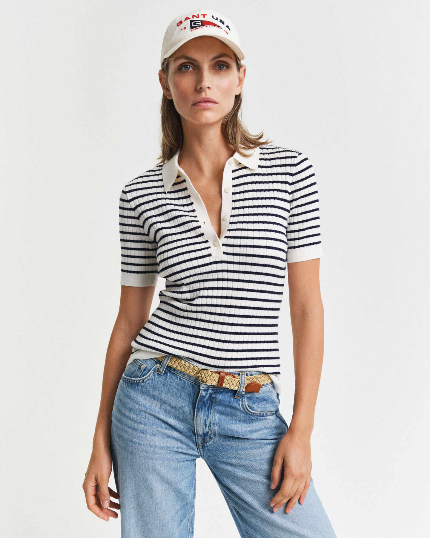 Rugger de manga curta em malha canelada às riscas