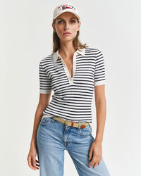 Rugger de manga curta em malha canelada às riscas