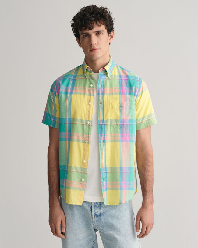 Camisa de linho colorida com manga curta Madras regular fit