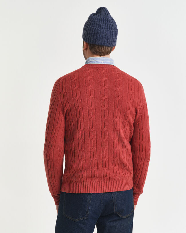 Camisola de malha entrançada de lã com decote redondo