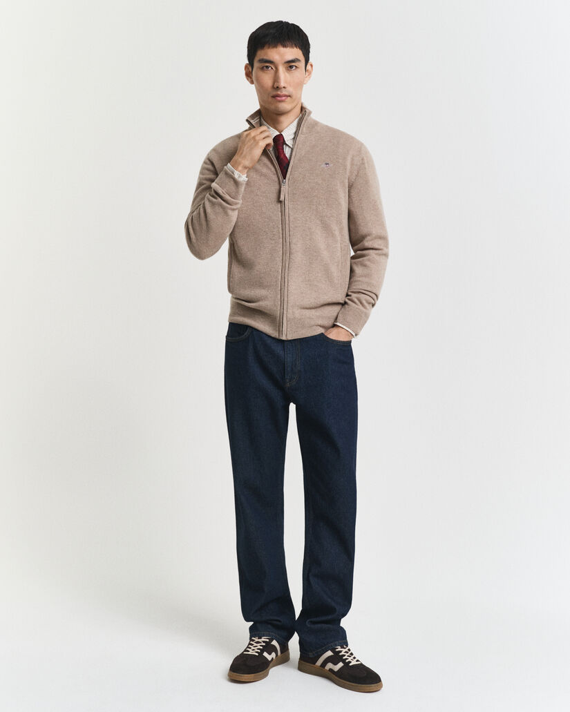 Casaco de malha com fecho em lã extrafina