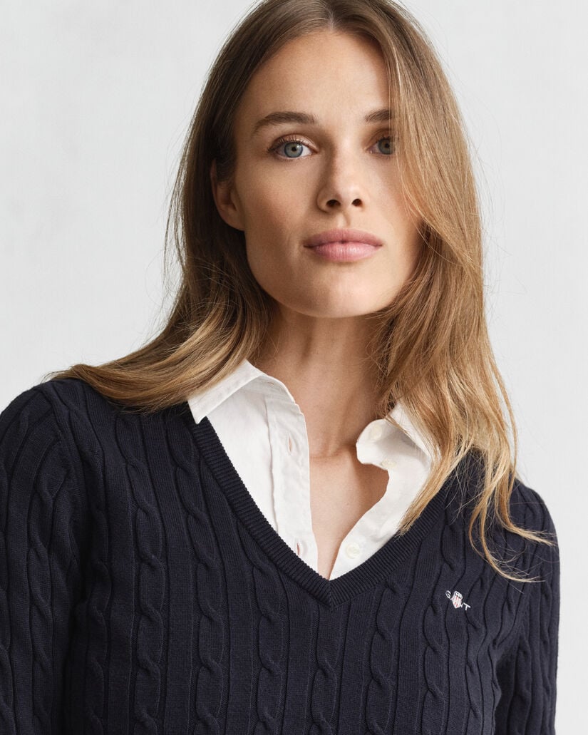 Camisola de malha entrançada com decote em V em algodão com elastano