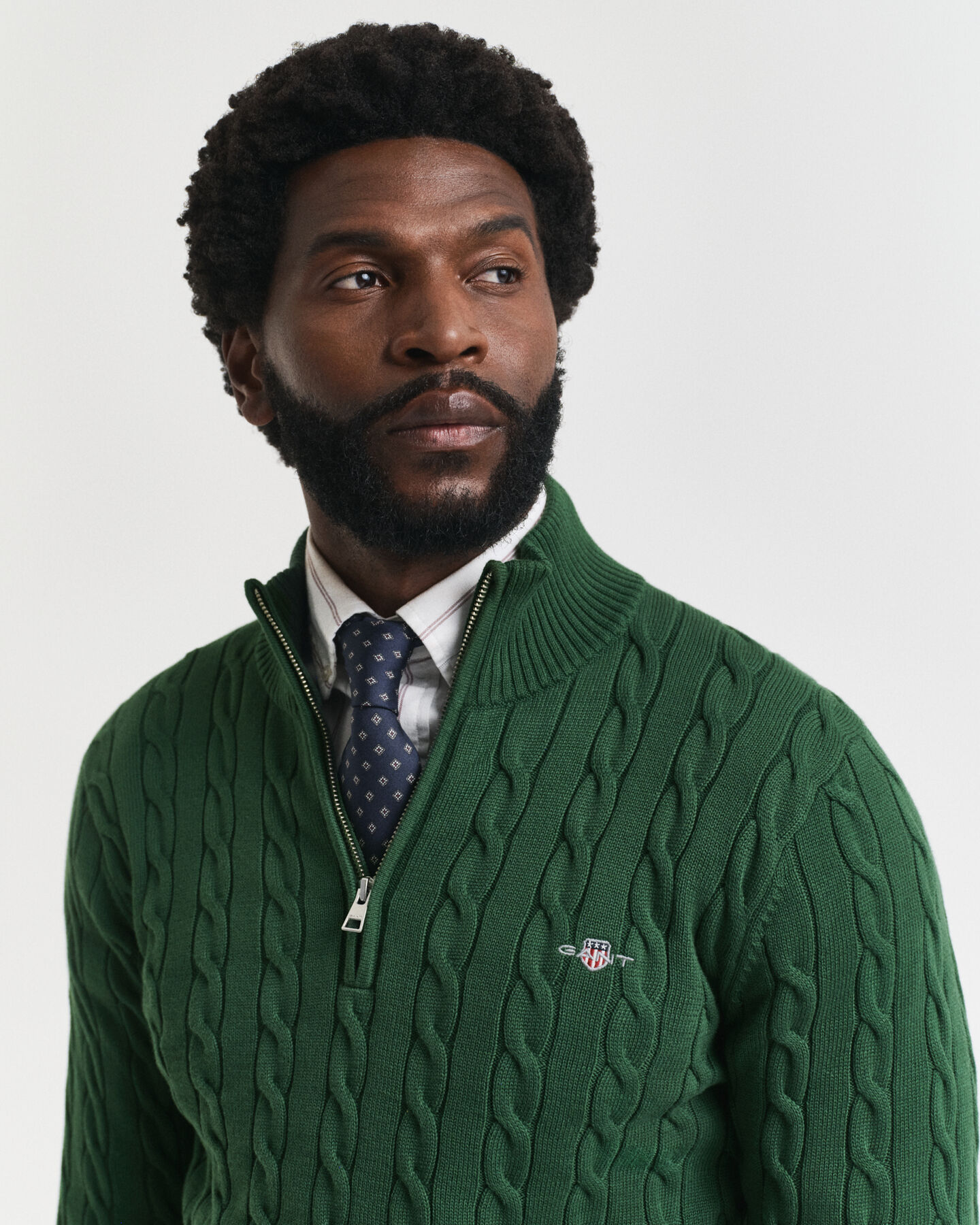 Camisola de malha entrançada de algodão com meio fecho de correr