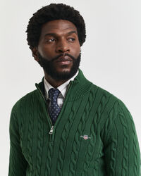 Camisola de malha entrançada de algodão com meio fecho de correr