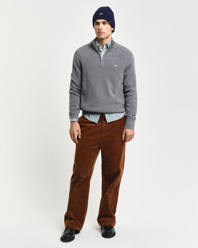 Camisola de malha canelada em l&atilde; e algod&atilde;o com meio fecho de correr